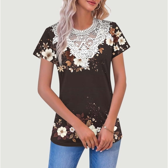 WHLBF Tops for Women Lace V Neck Short Sleeves Printed Blouse Multicolor M