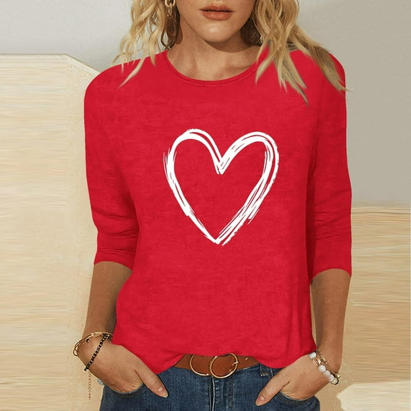 WHLBF Tops for Women Plus Size 3/4 Sleeve Round Neck Valentine's Day Love Printed Tops Red 3XL