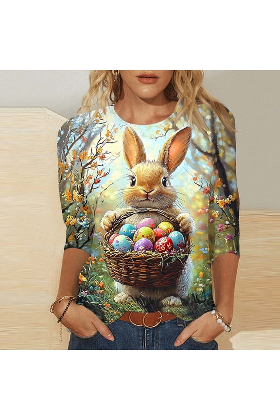 UTTOASFAY Easter Tops for Women 3/4 Sleeve Easter Bunny Egg Printed Round Neck Pullover Casual T-Shirt,Women's Easter Shirts Brown XXXL