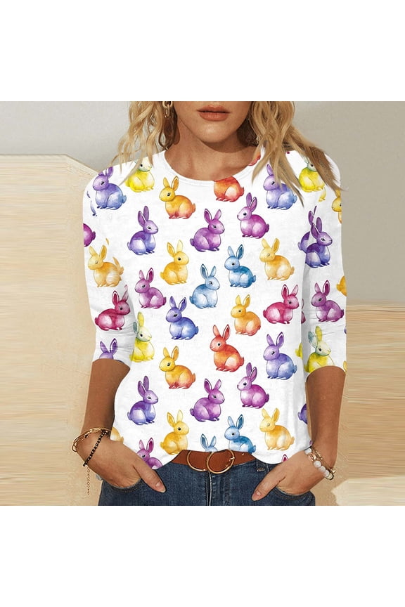 UTTOASFAY Easter Tops for Women 3/4 Sleeve Easter Bunny Egg Printed Round Neck Pullover Casual T-Shirt,Women's Easter Shirts White L