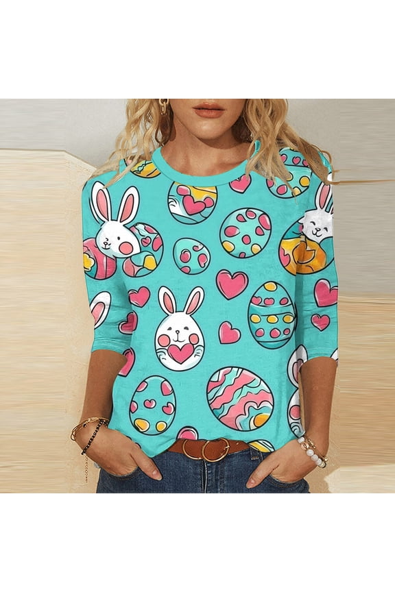 UTTOASFAY Easter Tops for Women 3/4 Sleeves Easter Bunny Egg Printed Round Neck Casual T-shirt,Women's Easter Shirts Blue L