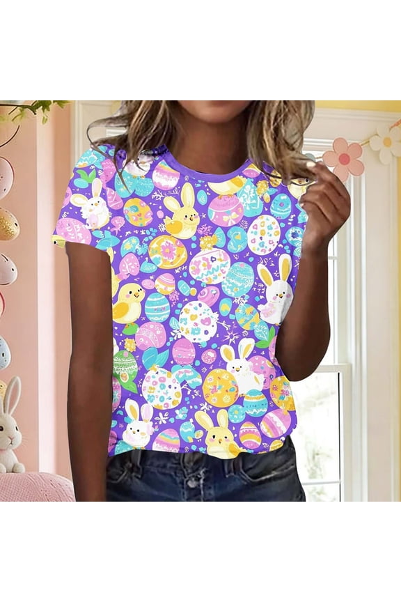 UTTOASFAY Easter Tops for Women Easter Bunny Egg Print Short Sleeve Round Neck Summer Casual T-Shirt Easter Gift for Her Top Purple S