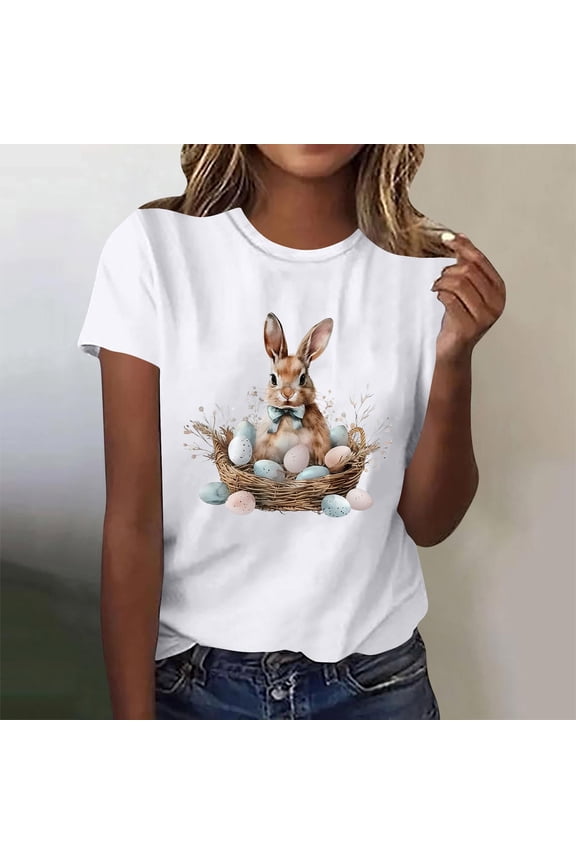 UTTOASFAY Easter Tops for Women Easter Bunny Egg Printed Round Neck Short Sleeve Easter Casual T-shirt Easter Gift for Her Top White M