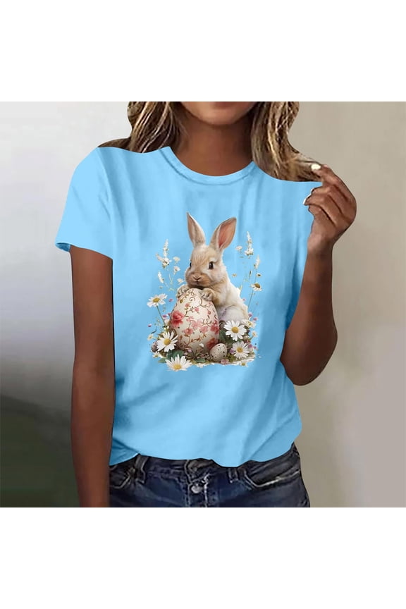 UTTOASFAY Easter Tops for Women Easter Bunny Egg Printed Round Neck Short Sleeve Easter Casual T-shirt,Women's Easter Shirts Blue XXL