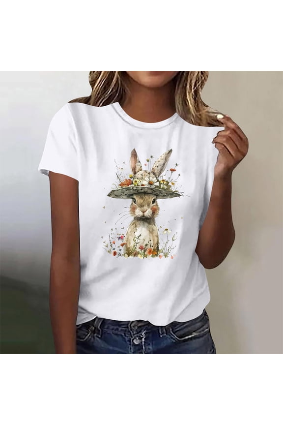 UTTOASFAY Easter Tops for Women Easter Bunny Egg Printed Round Neck Short Sleeve Easter Casual T-shirt,Women's Easter Shirts White XXL