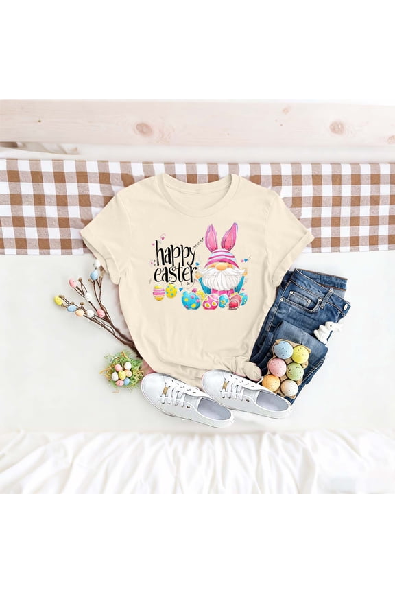 UTTOASFAY Easter Tops for Women Easter Bunny Egg Printed Short Sleeve Round Neck Loose Casual T-Shirt Easter Gift for Her Top Beige M