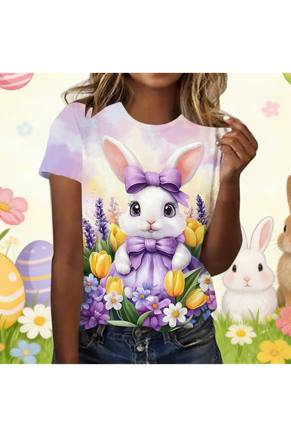 UTTOASFAY Easter Tops for Women Easter Bunny Print Short Sleeve Round Neck Casual Loose T-Shirt,Women's Easter Shirts Purple XL