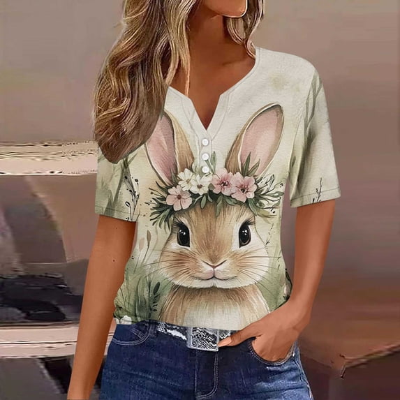 WHLBF UTTOASFAY Easter Tops for Women Easter Egg Printed Short-Sleeved V-Neck Casual Gradient Blouse,Women's Easter Shirts Multicolor XL