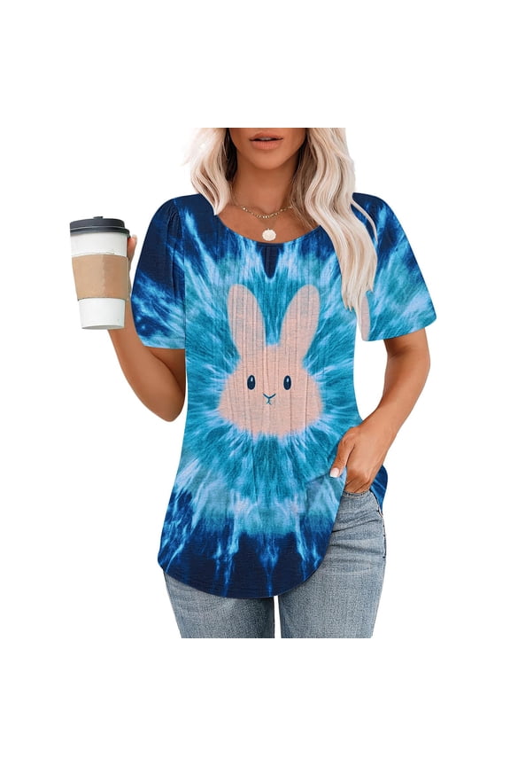 UTTOASFAY Easter Tops for Women Short Sleeved Bunny Egg Print Round Neck Casual Loose Solid Color T-shirt,Women's Easter Shirts Multicolor XXL