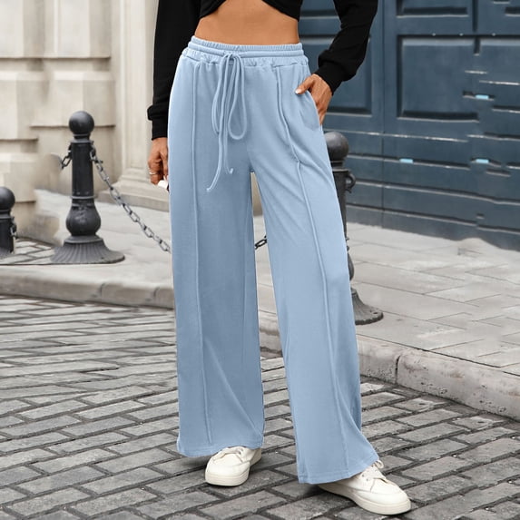 WHLBF UTTOASFAY Pants for Women High Waist Drawstring Elastic Waist Pocket Sweatpants Loose Solid Color Casual Pants Light Blue XXL