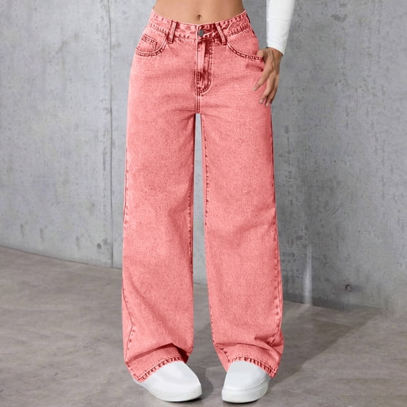 WHLBF UTTOASFAY Pants for Women High Waist Straight Leg Wide Leg Pants Jeans Pink XXL