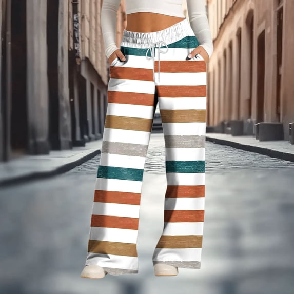 WHLBF UTTOASFAY Womens Pants Drawstring Wide Leg Striped Printed Loose Casual Pocket Pants Orange L