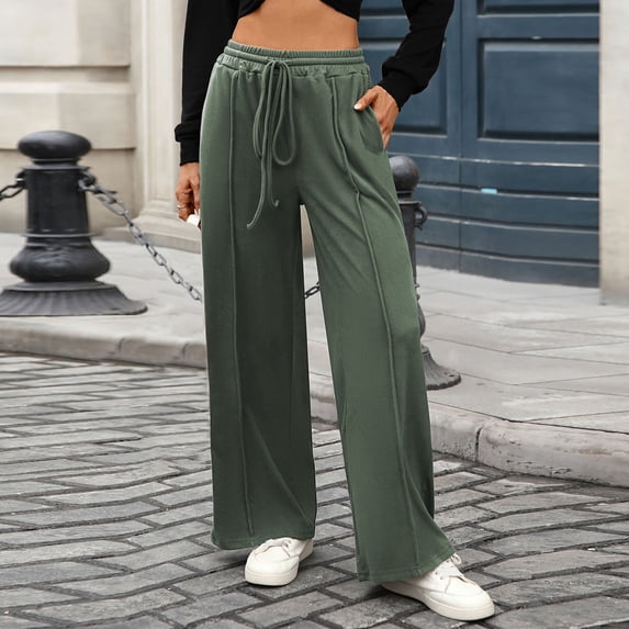 WHLBF UTTOASFAY Womens Pants High Waist Drawstring Elastic Waist Pocket Sweatpants Loose Solid Color Casual Pants Army Green S