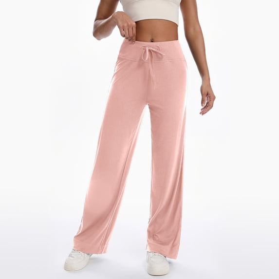 WHLBF UTTOASFAY Womens Pants High Waist Drawstring Wide Leg Sweatpants-Solid Color Casual Lounge Pants with Pockets Athletic Joggers Pink S