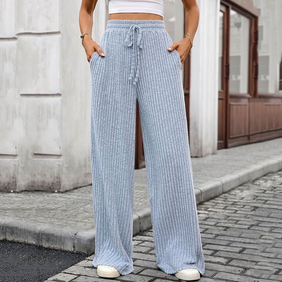 WHLBF UTTOASFAY Womens Pants High Waisted Knitting Pants Straight Leg Pants Loose Solid Color Casual Trousers Light Blue S