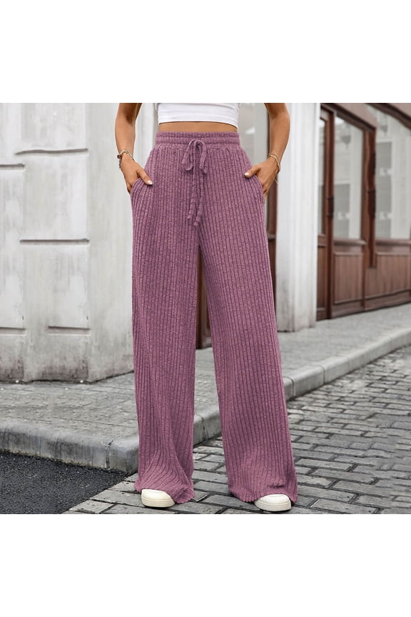 UTTOASFAY Womens Pants High Waisted Knitting Pants Straight Leg Pants Loose Solid Color Casual Trousers Purple S