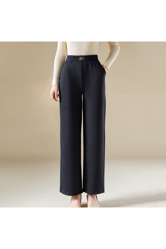 UTTOASFAY Womens Pants Winter Solid Color Fleece Straight Cylinder Loose Tight Waist Print Full Length Sweatpants Navy L