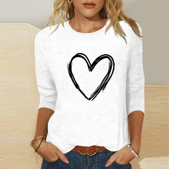 WHLBF Valentine Day Shirts for Women 3/4 Sleeve Round Neck Valentine's Day Love Printed Tops White L
