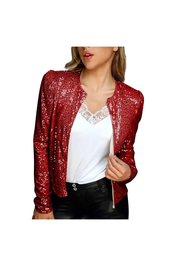 Women Coats Plus Size Fashion Women Open Front Sequin Jacket Long Sleeve Short Blazer Casual Coat Tops Red 8(L)