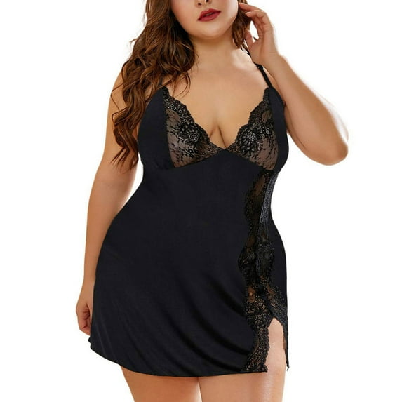 WHLBF Women Plus Size Lace Lingerie Deep V-Neck Sleepwear Underwear Dress G-string Nightdress Black S(S)