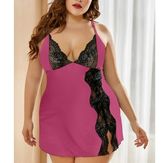 WHLBF Women Plus Size Lace Lingerie Deep V-Neck Sleepwear Underwear Dress G-string Nightdress Hot Pink L(L)