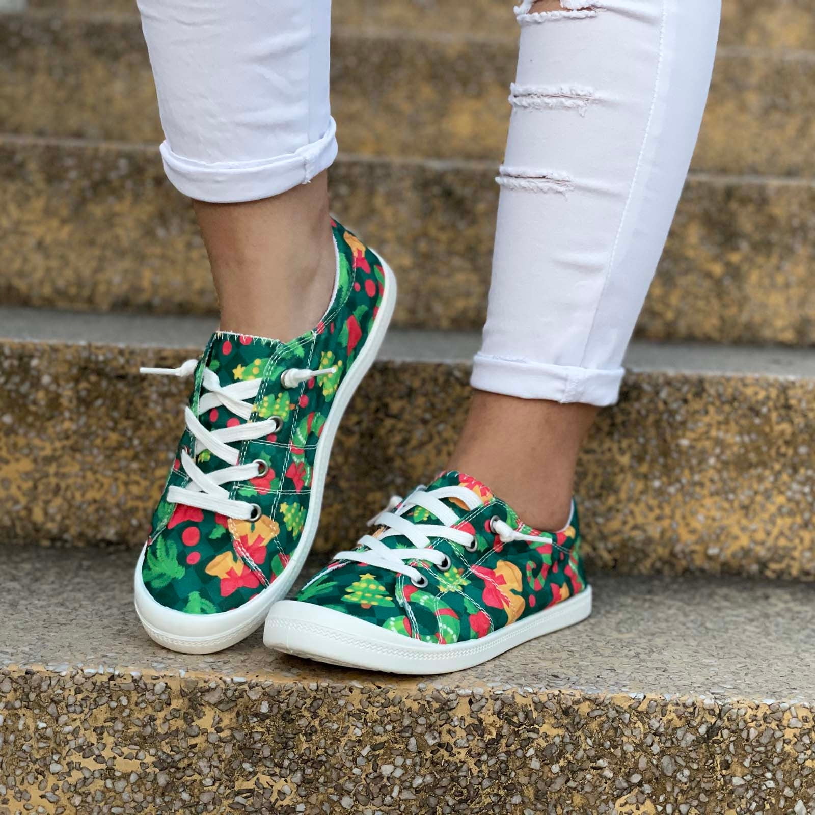 Women's Casual Shoes Fashion Lace-Up Walking Soft Lightweight Christmas Plus Size Cloth Shoes Green 7(39)