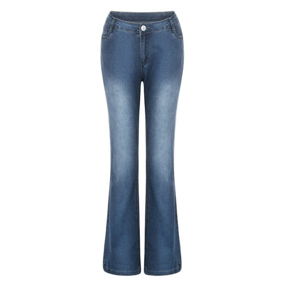 WHLBF Women's Clearance Pants Mid Waisted Denim Embroidery Stretch Button Straight Full Length Pants Jeans