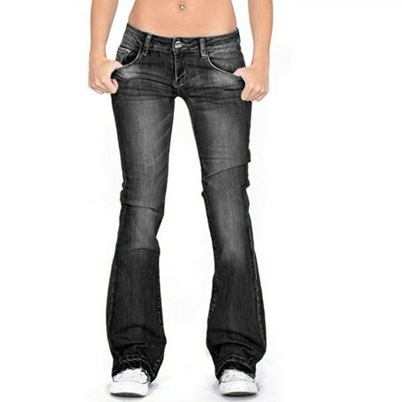 WHLBF Women's Clearance Pants Mid Waisted Denim Embroidery Stretch Button Straight Full Length Pants Jeans