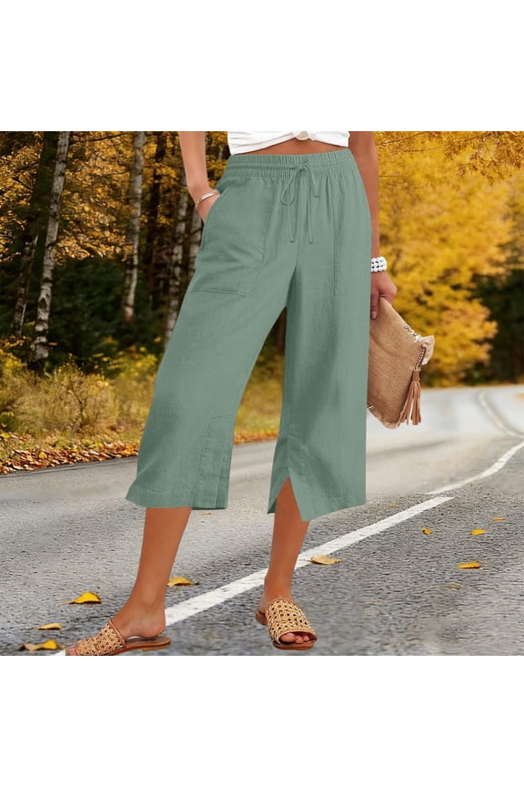 Women's Cropped Pants Summer Color Loose Straight Leg with Pockets Side Split Three Quarter Length Pants Mint Green XL