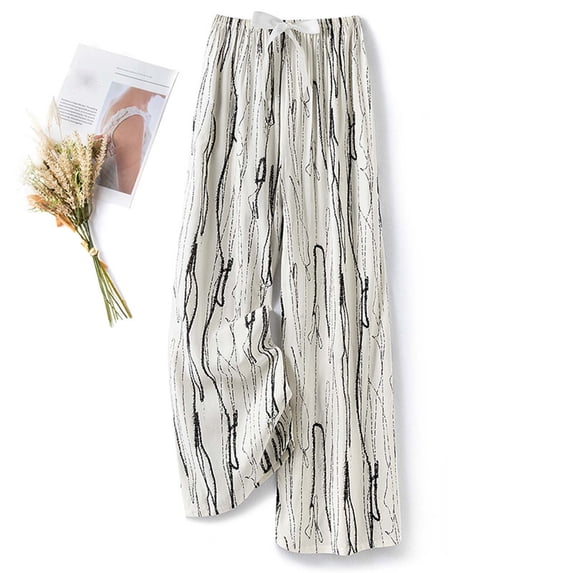 WHLBF Women's Pants Fashion Printing Regular Elastic Casual Wide Leg Summer Lightweight Cotton Full Length Trousers Multicolor Free Size
