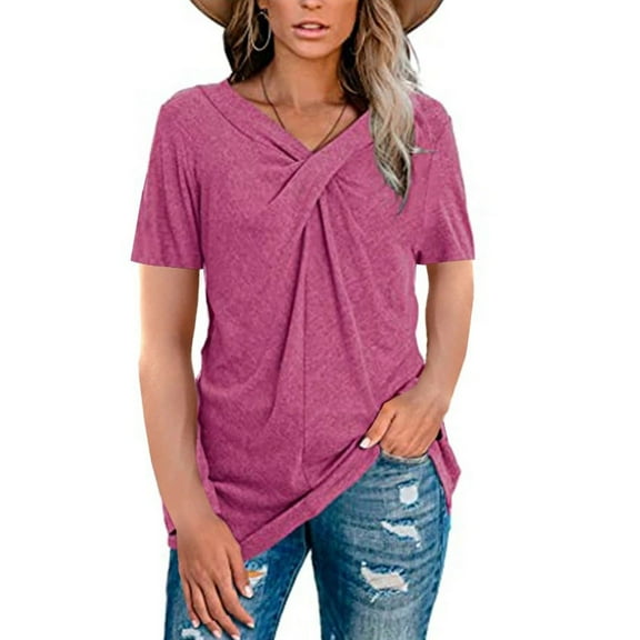 WHLBF Women's Plus Size Blouse Fashion V-Neck Short Sleeve Solid Long T-shirt Blouse Tops