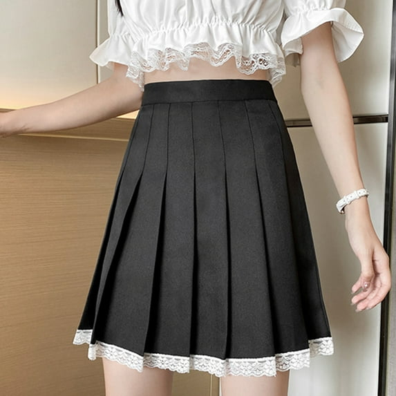 WHLBF Women's Plus Size Fashion Solid Color Lace Pleated Skirt College Windproof A-line Skirt Black 6(M)