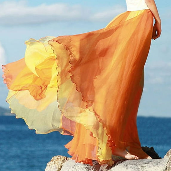 WHLBF Women's Plus Size Fashion Women Skirt Flowing Color Matching Chiffon Bohemian Skirt Orange Free(FREE)