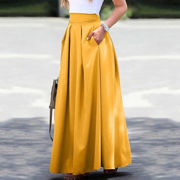WHLBF Women's Plus Size Fashion Women Spring Summer Belt Zipper High Waist Solid Retro Skirt Women Pleated Yellow 10(XL)