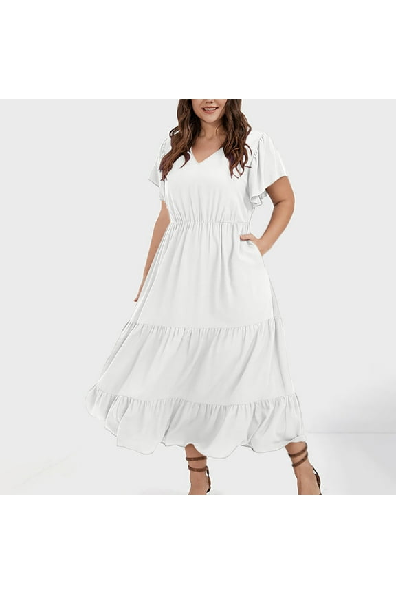 Women's Summer Plus Size Dress V Neck Casual Sundresses Pocket Sleeveless with Pockets White 22(XXXXL)