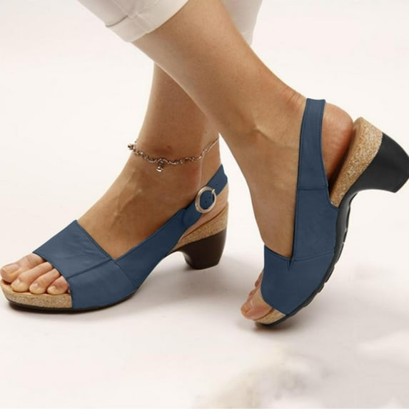 WHLBF Women's Summer Sandals Comfortable Elegant Low Chunky Heel Shoes Thick Heel Sandals Pumps Buckle Open Toe Casual Shoes Dark Blue 7.5(40)