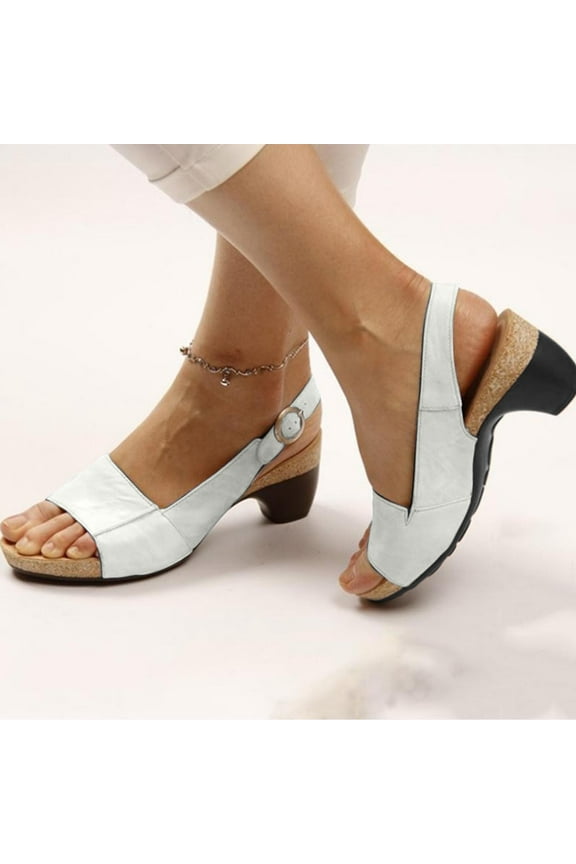 Women's Summer Sandals Comfortable Elegant Low Chunky Heel Shoes Thick Heel Sandals Pumps Buckle Open Toe Casual Shoes White 7.5(40)