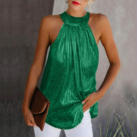 WHLBF Women's Summer Tops Casual Solid Color Halter Sleeveless Blouses Tank Shirt Vest with Zipper Green 10(XL)