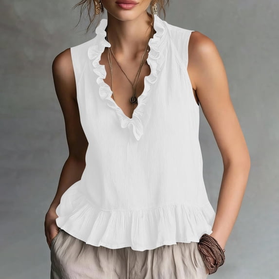 WHLBF Women's Tank Top Sleeveless Solid Color Cotton Linen Ruffle Top White XL