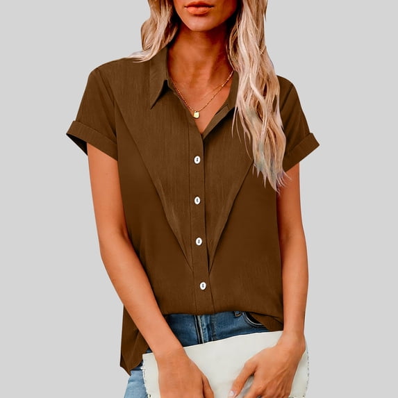 WHLBF Women's Tops Button-Down Collar Short Sleeve Loose Tunic Summer Blouse Coffee XXXXL