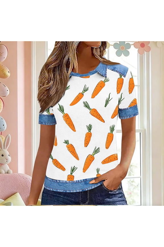 Women's Tops Easter Egg Bunny Carrot Printed Fold-Down Collar Round Neck Casual Blouse Orange XXXL