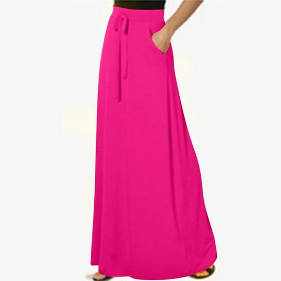 WHLBF Womens Plus Size Clearance Skirt Solid Color Pocket Elastic Waist Casual Ankle Skirt Hot Pink 12(XXL)