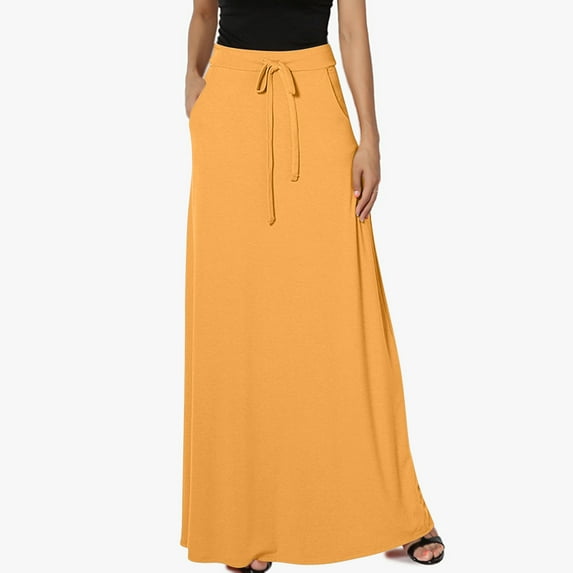 WHLBF Womens Plus Size Clearance Skirt Solid Color Pocket Elastic Waist Casual Ankle Skirt Orange 10(XL)