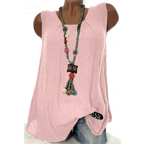 WHLBF Womens Plus Size Clearance T-shirts Summer Solid Color Casual Tank Loose Fit Pleated Tops Pink 8(L)