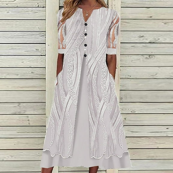 WHLBF Womens Plus Size Dress Bohemian V-neck Loose Half Sleeve Gauze Print Pocket Mid Calf Dress Purple 4(S)