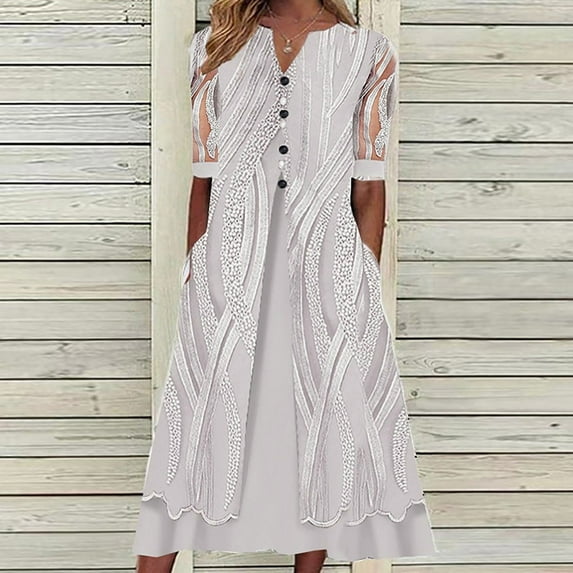 WHLBF Womens Plus Size Dress Bohemian V-neck Loose Half Sleeve Gauze Print Pocket Mid Calf Dress Purple 8(L)