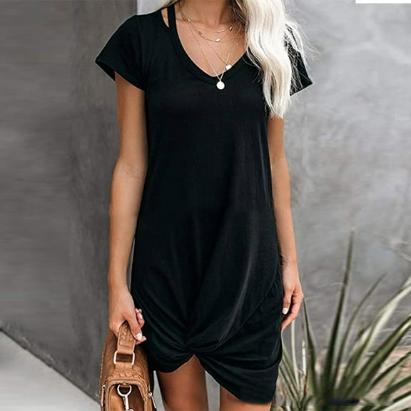 WHLBF Womens Plus Size Dress Fashion Short Sleeve Solid Casual V-Neck Mini Dress Black 10(XL)