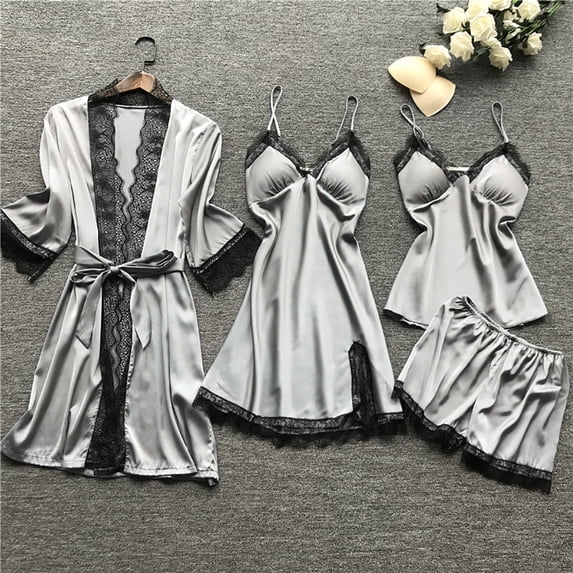 WHLBF Womens Plus Size Lingerie Women Silk Lace Robe Dress Babydoll Sleepwear Nightdress Pajamas Set Gray XL(XL)