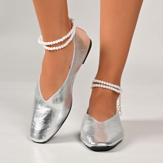 WHLBF Womens Shoes Casual Plus Size Loafers Solid Color Pearl Chain Buckle Toe Closed Heel Flat Soft Sole Shoes Size 6.5