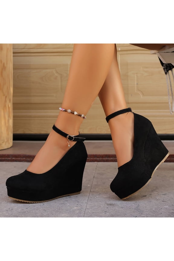Womens Shoes High Heel Slope Heel Waterproof Round Head One Button Shallow Mouth Shoe Size 7.5